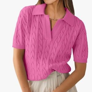 Pink women's short sleeve sweater polo v neck